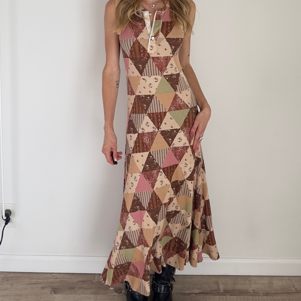 Polo Ralph Lauren Tan Patchwork Print Tank Style Button Dress Long Midi Maxi